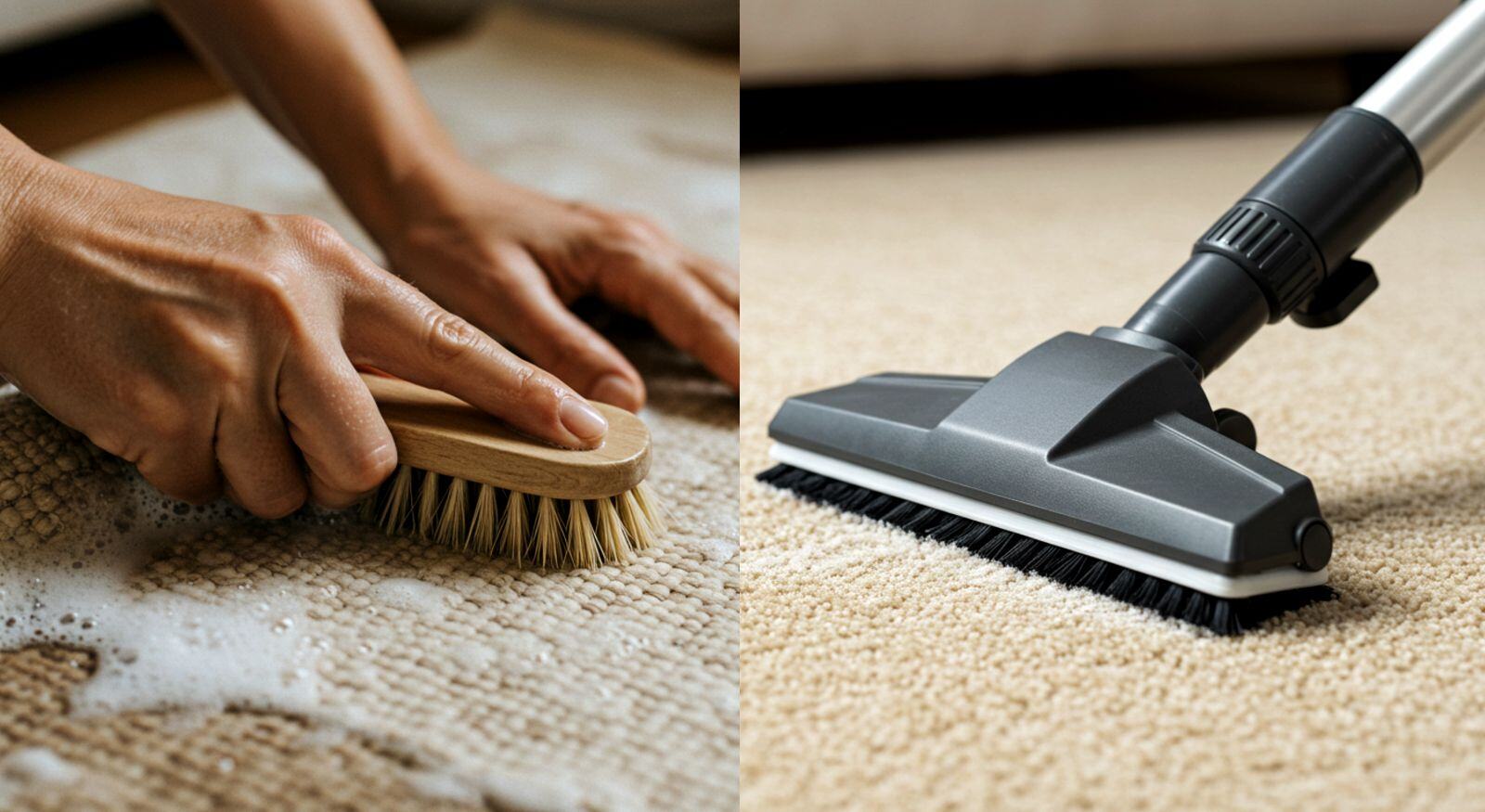 A two-part picture of a person handwashing a rug and a carpet wand cleaning the rug.