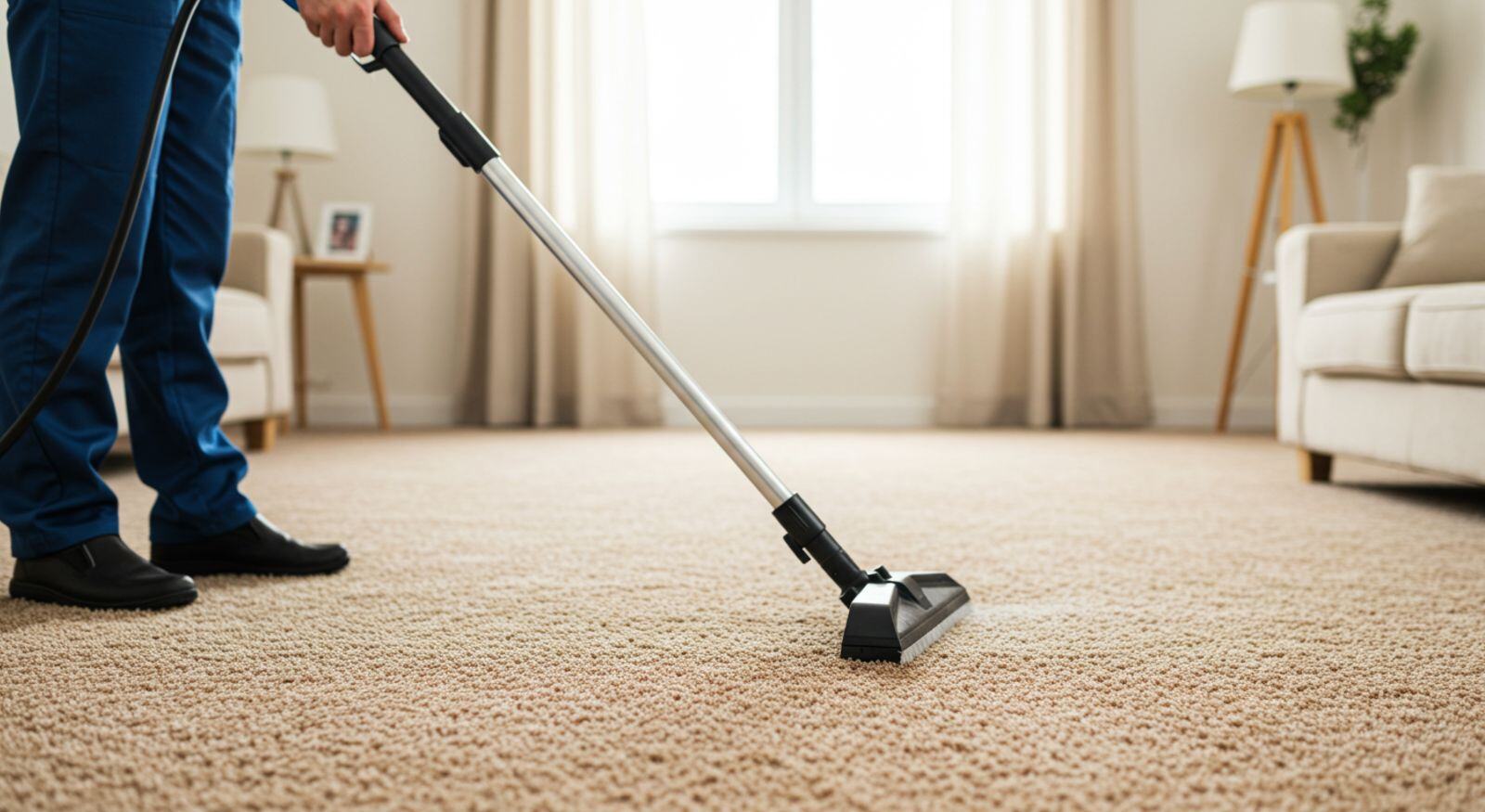 A technician cleaning carpet flooring.