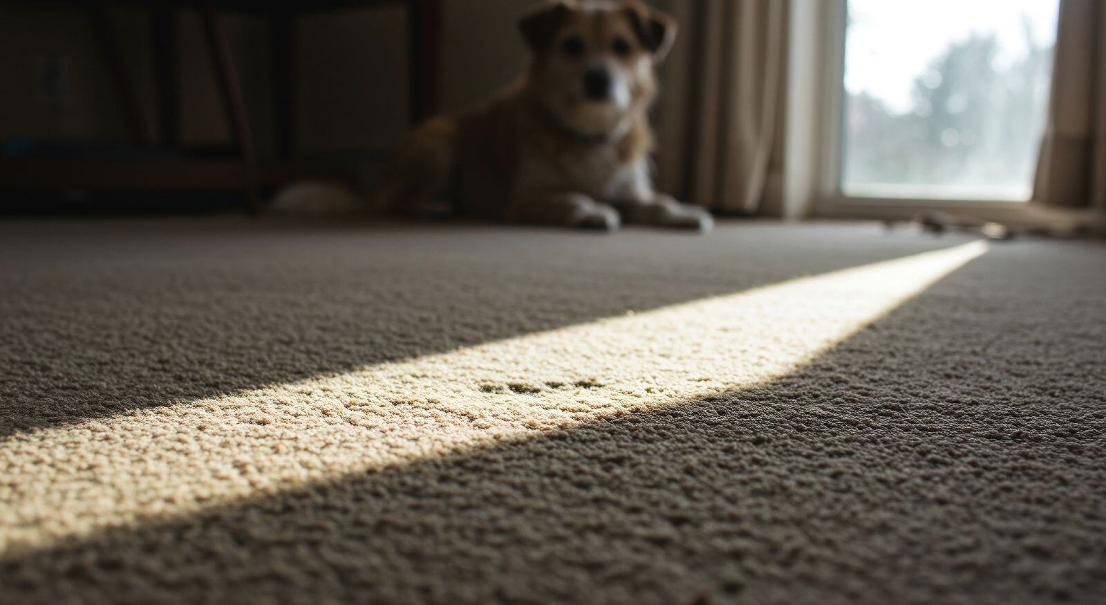 Carpet flooring showing wear and tear with a dog sitting in the background.