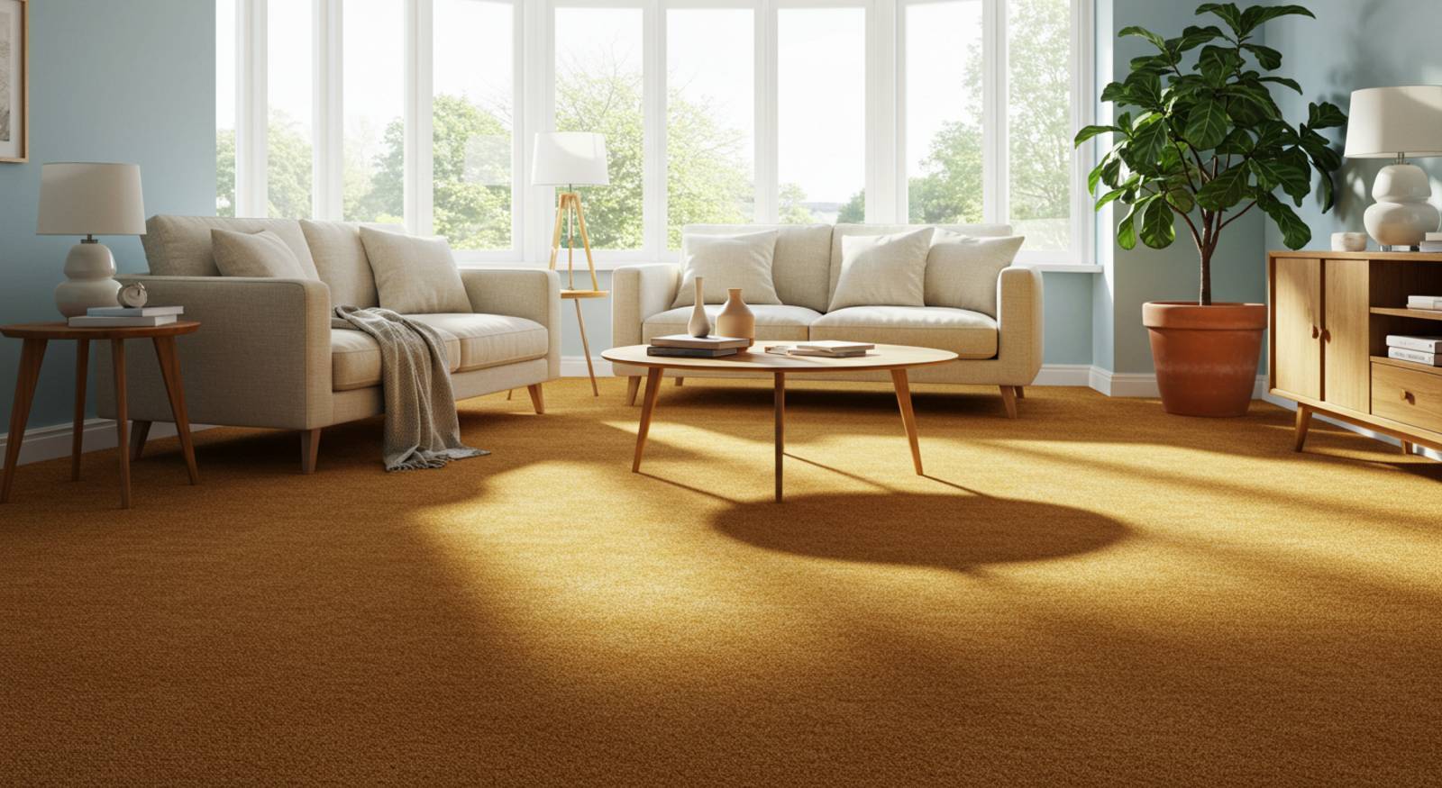 Clean carpet flooring in a living room.
