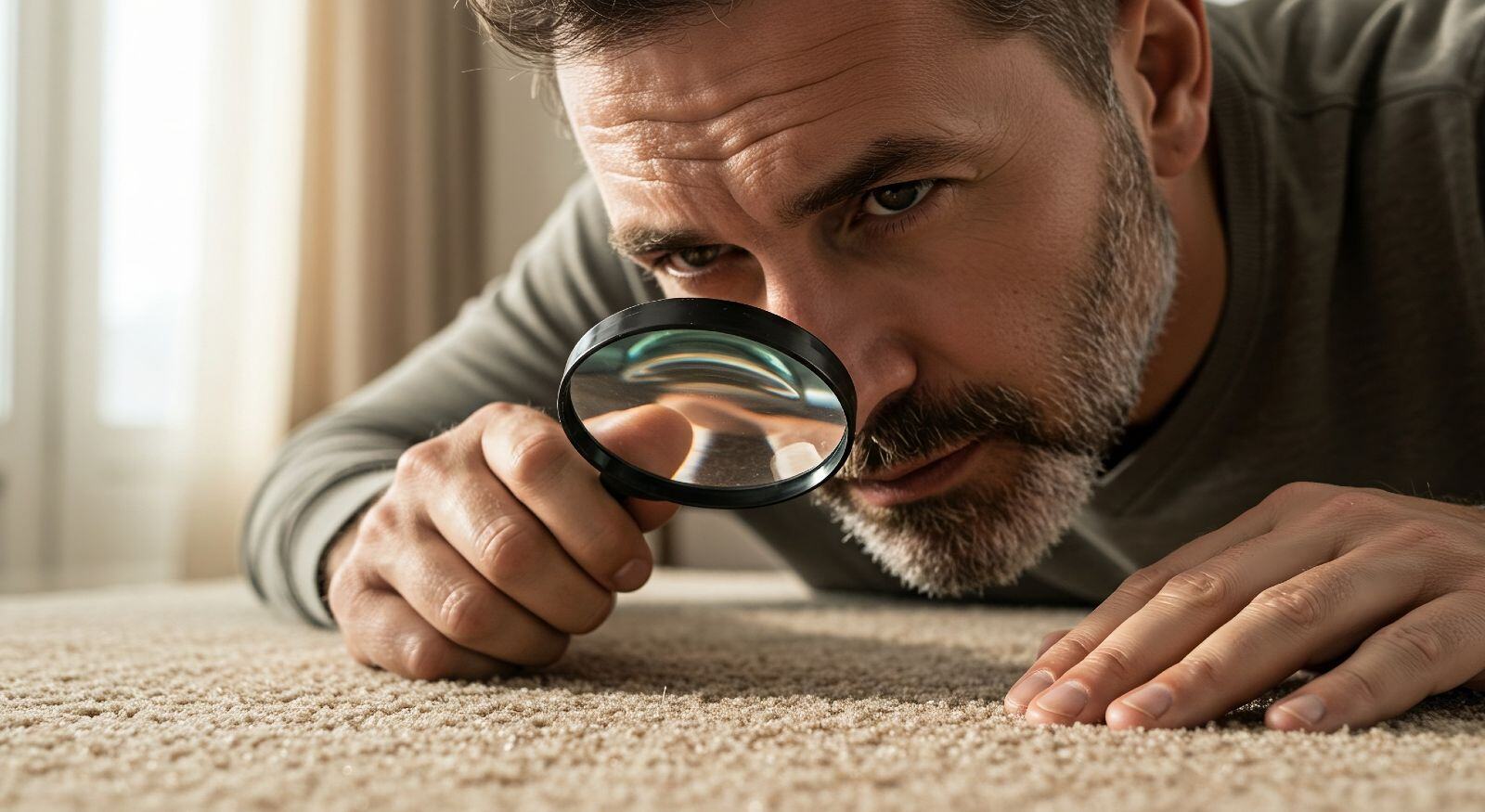 A man looking at its carpet through a magnifying glass.