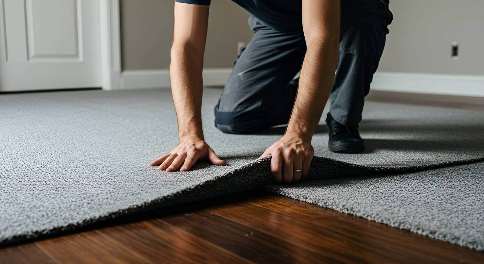 A technician installing carpet flooring.
