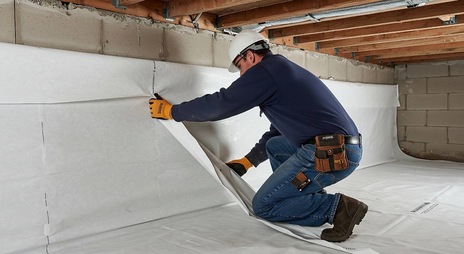 A technician installing a vapor barrier in a crawl space.