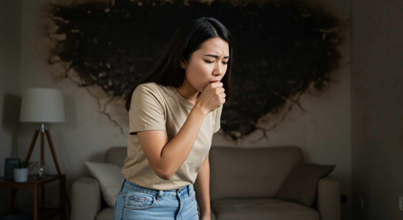 A person coughing in a living room with fire damage.