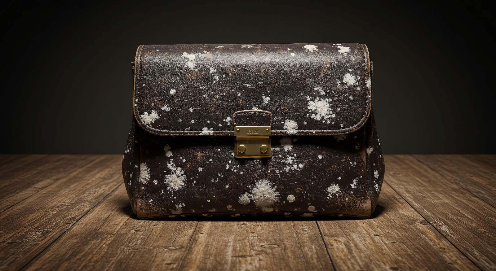 A leather handbag with mold.