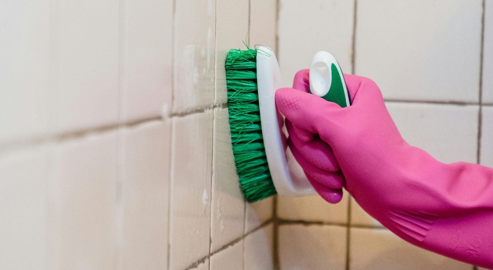 A person cleaning mold in their bathroom.