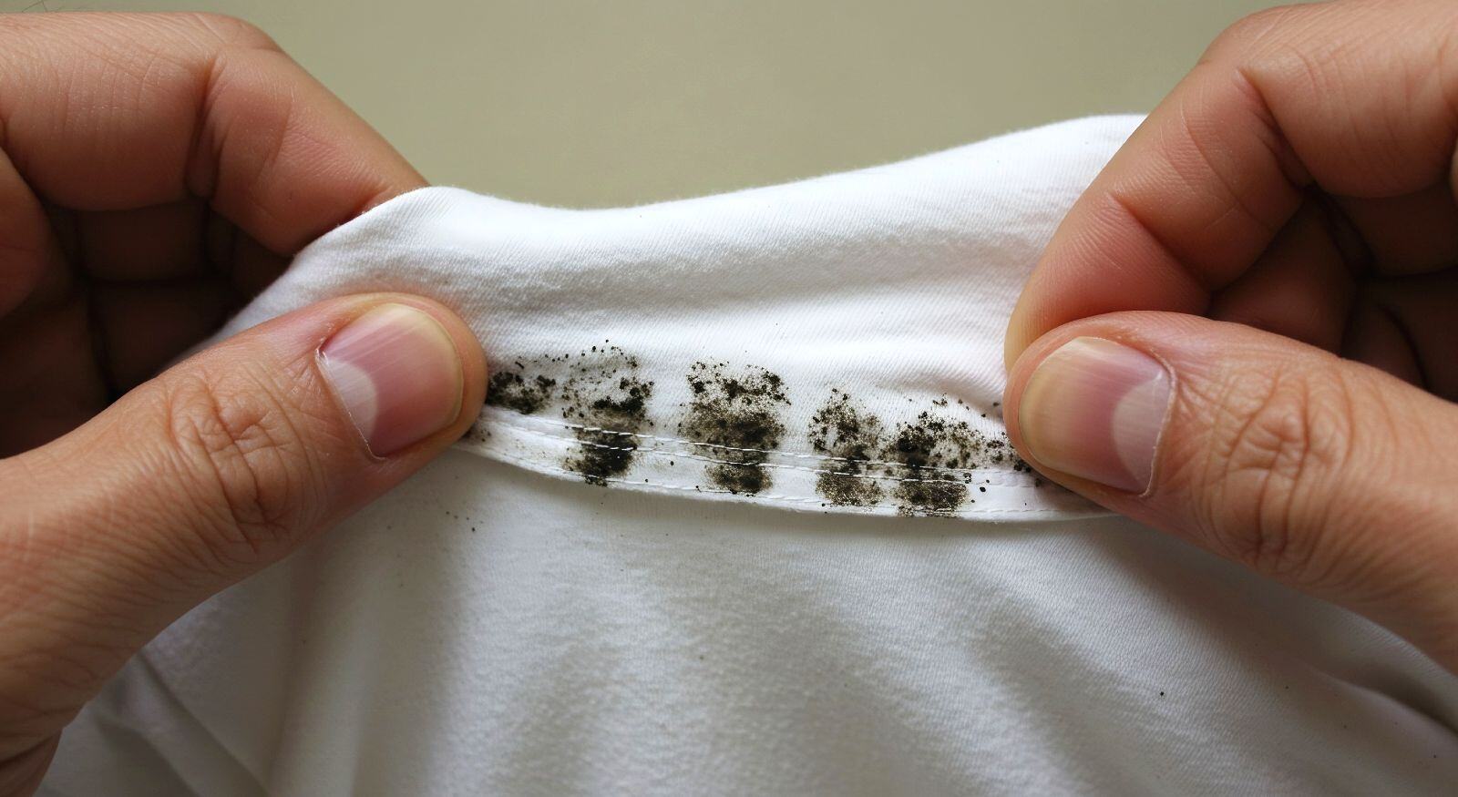A person holding a white shirt with mold patches.