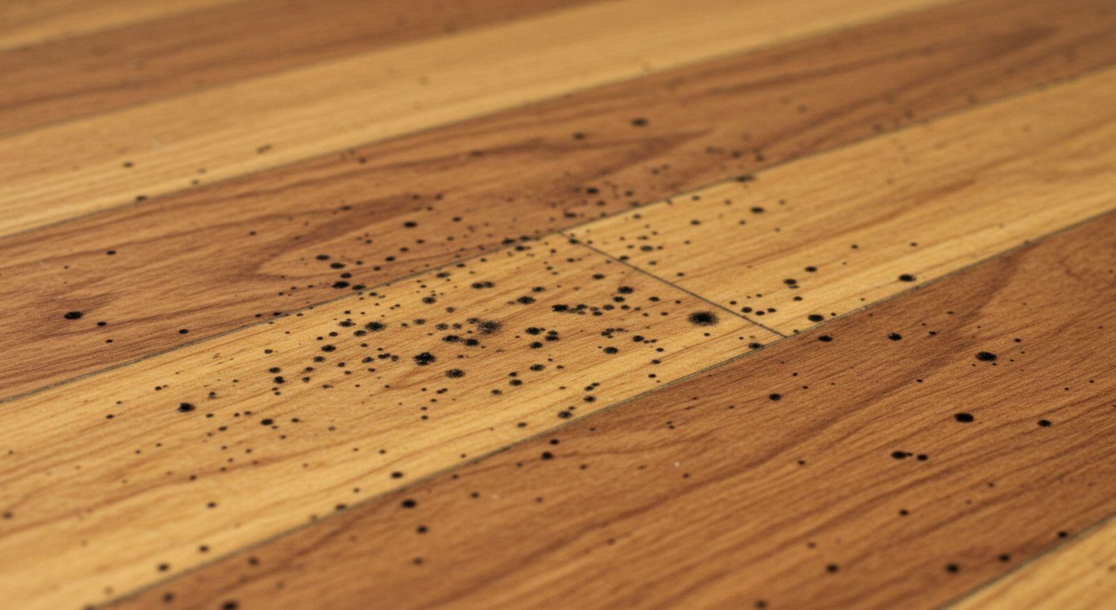 A wooden floor with mold patches.