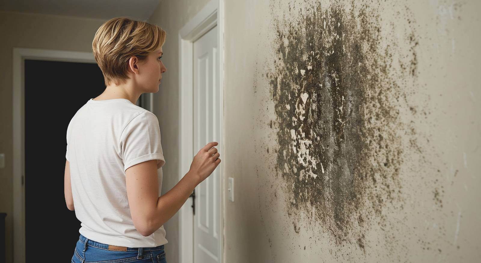 A woman looking at a mold patch in her wall.
