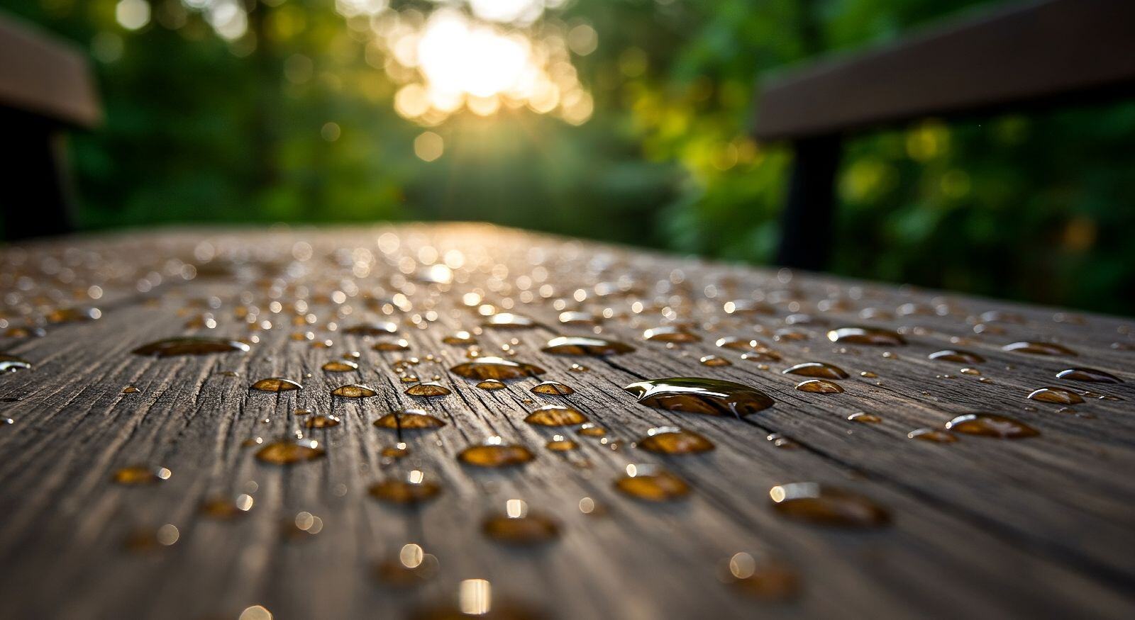 A close-up picture of a damp wooden surface during summer.