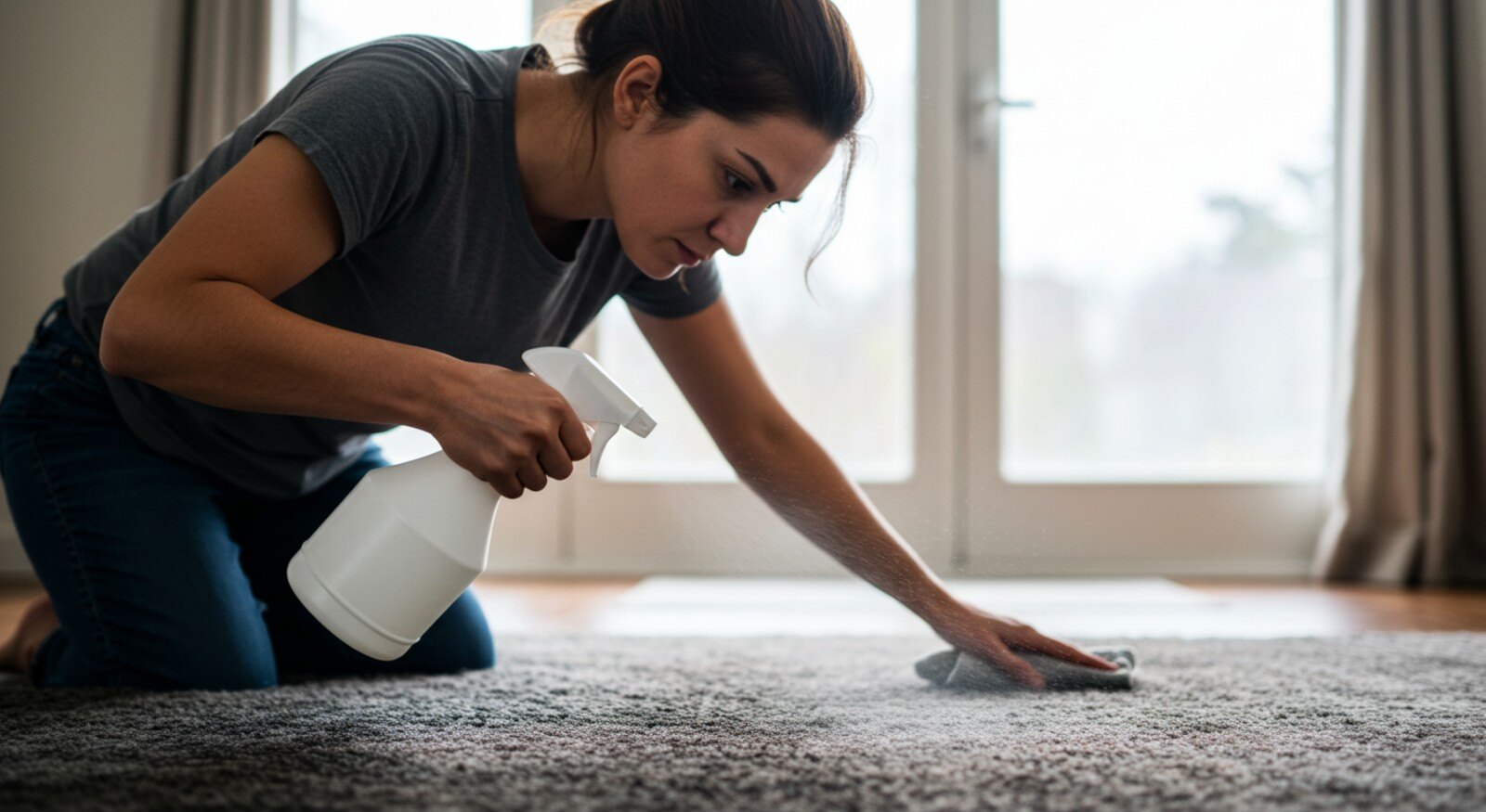 A woman applying rug protector to her rug.