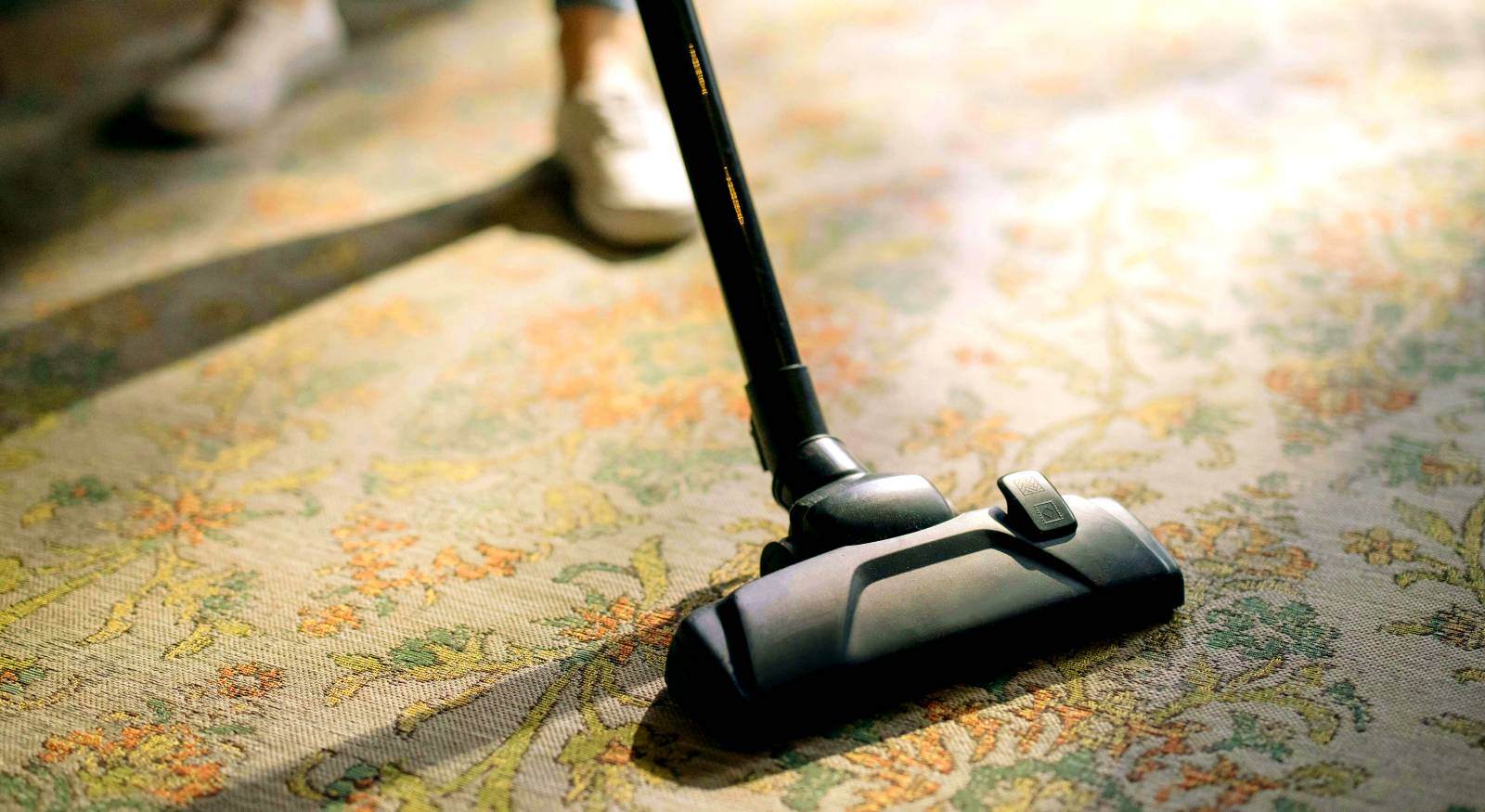 A person vacuuming their rug.