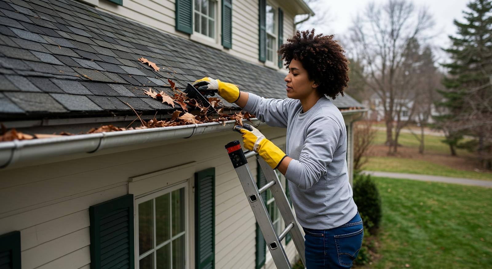 A woman wearing yellow gloves cleaning their house gutters.