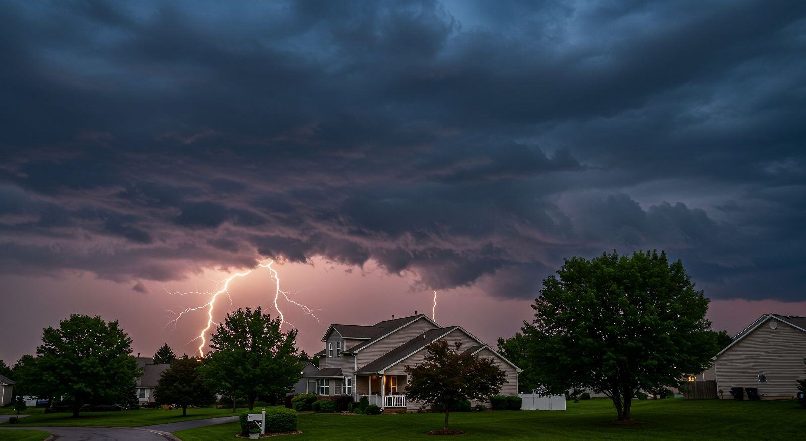 A thunderstorm near a suburban house.