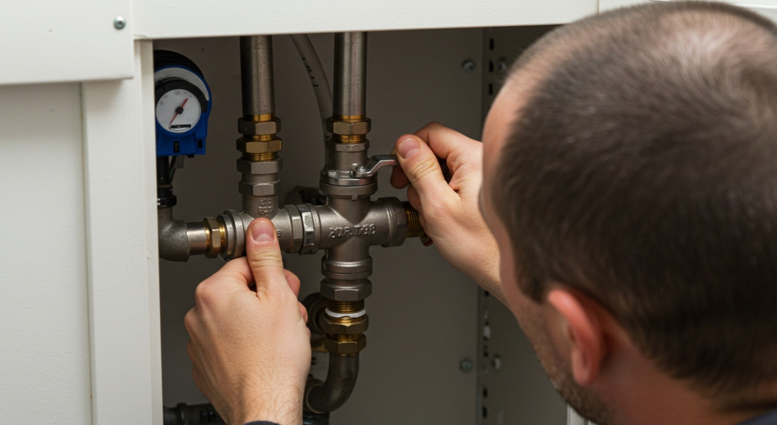 A person closing off their main water valve.
